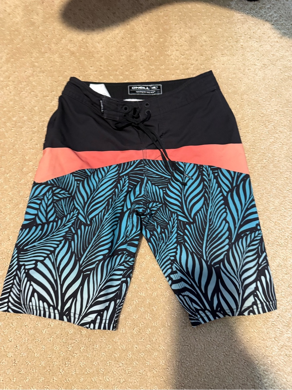 O'Neill Black, Coral & Teal Leaf Print Kids Swim Trunks